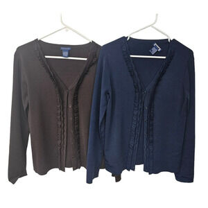 Doncaster Lot of 2 Cardigan Navy Brown Ruffle Edge Size Small Slinky Knit Office